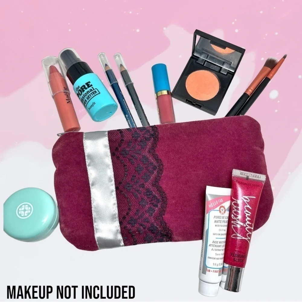 Waterproof Make Up Bag Maroon Velvet W/ Lace